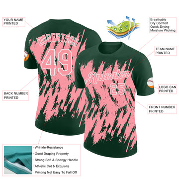 Custom Green Medium Pink-White Torn Sharp Brush Stroke Splatter Performance T-Shirt