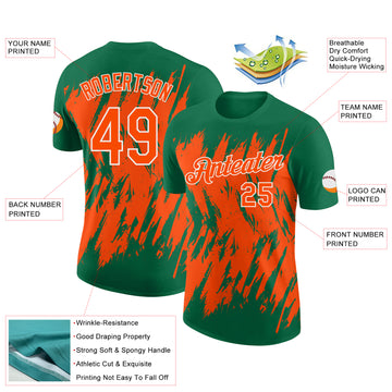 Custom Kelly Green Orange-White Torn Sharp Brush Stroke Splatter Performance T-Shirt