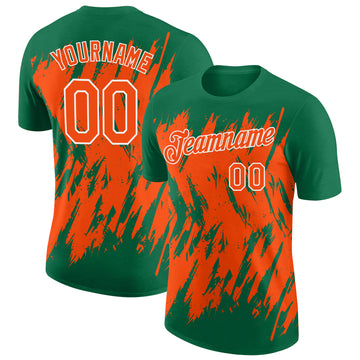 Custom Kelly Green Orange-White Torn Sharp Brush Stroke Splatter Performance T-Shirt
