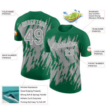 Custom Kelly Green Gray-White Torn Sharp Brush Stroke Splatter Performance T-Shirt