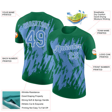 Custom Kelly Green Light Blue-White Torn Sharp Brush Stroke Splatter Performance T-Shirt