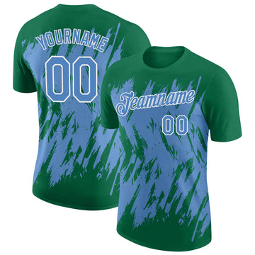 Custom Kelly Green Light Blue-White Torn Sharp Brush Stroke Splatter Performance T-Shirt
