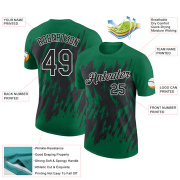 Custom Kelly Green Black-White Torn Sharp Brush Stroke Splatter Performance T-Shirt