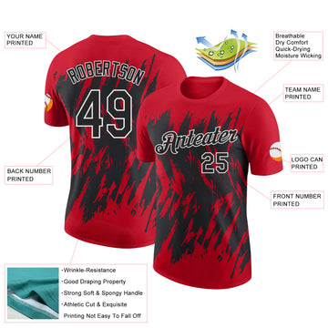 Custom Red Black-White Torn Sharp Brush Stroke Splatter Performance T-Shirt