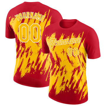 Custom Red Yellow-White Torn Sharp Brush Stroke Splatter Performance T-Shirt