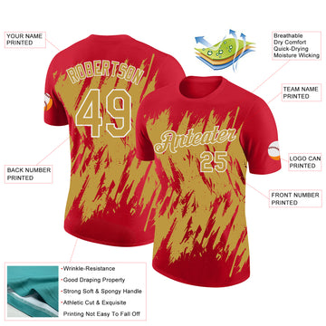 Custom Red Old Gold-White Torn Sharp Brush Stroke Splatter Performance T-Shirt