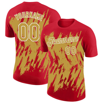 Custom Red Old Gold-White Torn Sharp Brush Stroke Splatter Performance T-Shirt