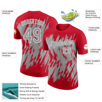 Custom Red Gray-White Torn Sharp Brush Stroke Splatter Performance T-Shirt