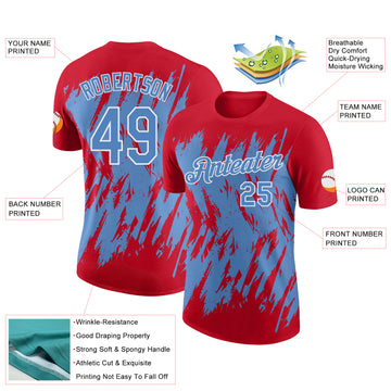Custom Red Light Blue-White Torn Sharp Brush Stroke Splatter Performance T-Shirt