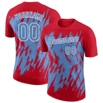Custom Red Light Blue-White Torn Sharp Brush Stroke Splatter Performance T-Shirt