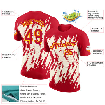Custom Red Cream-Yellow Torn Sharp Brush Stroke Splatter Performance T-Shirt