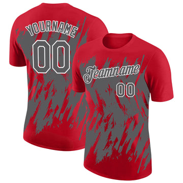 Custom Red Steel Gray-White Torn Sharp Brush Stroke Splatter Performance T-Shirt