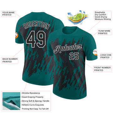 Custom Teal Black-White Torn Sharp Brush Stroke Splatter Performance T-Shirt