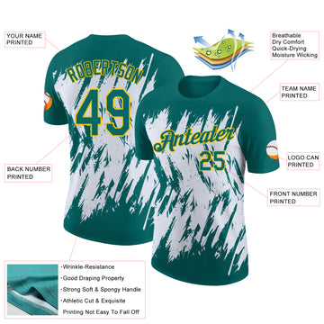 Custom Teal White-Yellow Torn Sharp Brush Stroke Splatter Performance T-Shirt