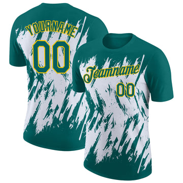 Custom Teal White-Yellow Torn Sharp Brush Stroke Splatter Performance T-Shirt