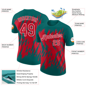 Custom Teal Red-White Torn Sharp Brush Stroke Splatter Performance T-Shirt