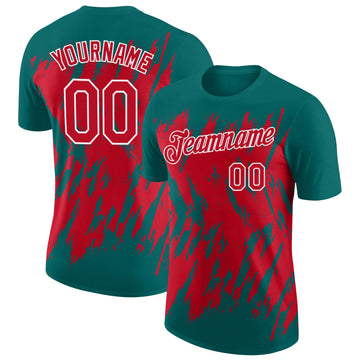 Custom Teal Red-White Torn Sharp Brush Stroke Splatter Performance T-Shirt