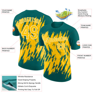Custom Teal Yellow-White Torn Sharp Brush Stroke Splatter Performance T-Shirt