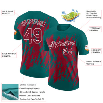 Custom Teal Crimson-White Torn Sharp Brush Stroke Splatter Performance T-Shirt