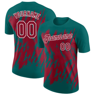 Custom Teal Crimson-White Torn Sharp Brush Stroke Splatter Performance T-Shirt