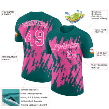 Custom Teal Pink-White Torn Sharp Brush Stroke Splatter Performance T-Shirt