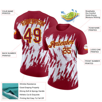 Custom Crimson White-Yellow Torn Sharp Brush Stroke Splatter Performance T-Shirt
