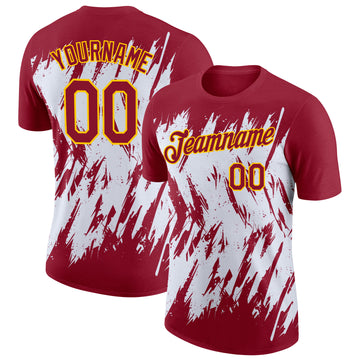 Custom Crimson White-Yellow Torn Sharp Brush Stroke Splatter Performance T-Shirt