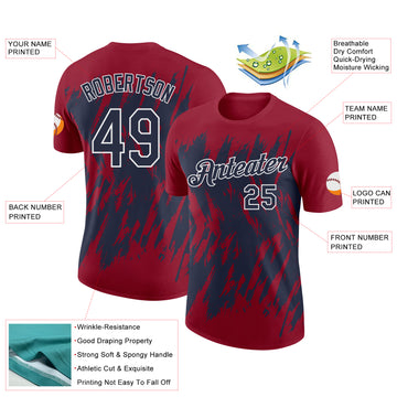 Custom Crimson Navy-White Torn Sharp Brush Stroke Splatter Performance T-Shirt