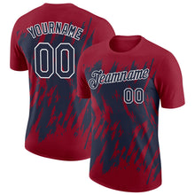Laden Sie das Bild in den Galerie-Viewer, Custom Crimson Navy-White Torn Sharp Brush Stroke Splatter Performance T-Shirt

