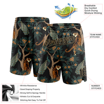 Custom Black Old Gold 3D Pattern 3D Pattern Design Tiger And Peacock Authentic Basketball Shorts