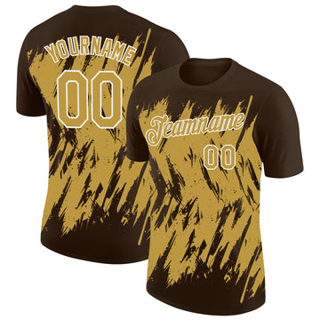 Custom Brown Old Gold-White Torn Sharp Brush Stroke Splatter Performance T-Shirt