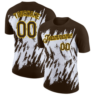 Custom Brown White-Yellow Torn Sharp Brush Stroke Splatter Performance T-Shirt