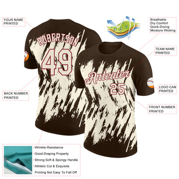 Custom Brown Cream-Crimson Torn Sharp Brush Stroke Splatter Performance T-Shirt