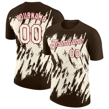 Custom Brown Cream-Crimson Torn Sharp Brush Stroke Splatter Performance T-Shirt