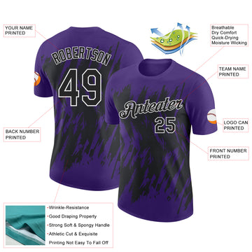 Custom Purple Black-White Torn Sharp Brush Stroke Splatter Performance T-Shirt