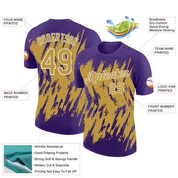 Custom Purple Old Gold-White Torn Sharp Brush Stroke Splatter Performance T-Shirt