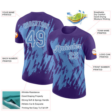 Custom Purple Light Blue-White Torn Sharp Brush Stroke Splatter Performance T-Shirt