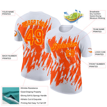 Custom White Orange-Yellow Torn Sharp Brush Stroke Splatter Performance T-Shirt