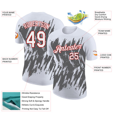 Custom White Steel Gray-Red Torn Sharp Brush Stroke Splatter Performance T-Shirt