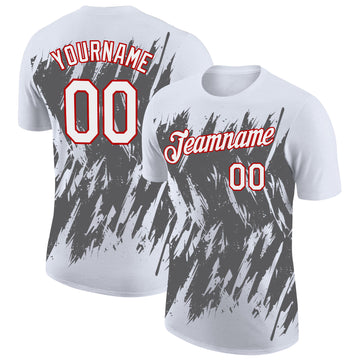 Custom White Steel Gray-Red Torn Sharp Brush Stroke Splatter Performance T-Shirt