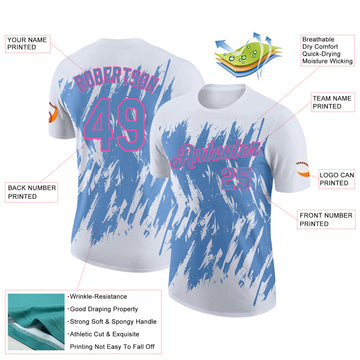 Custom White Light Blue-Pink Torn Sharp Brush Stroke Splatter Performance T-Shirt