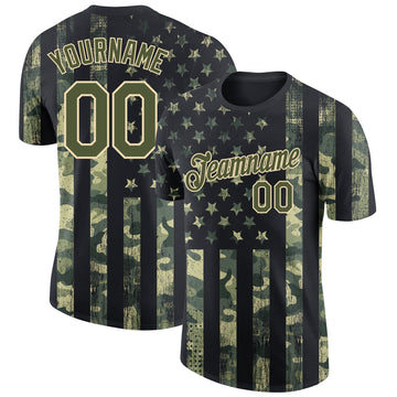 Custom Camo Olive-Cream 3D American Flag Fashion Performance Salute To Service T-Shirt