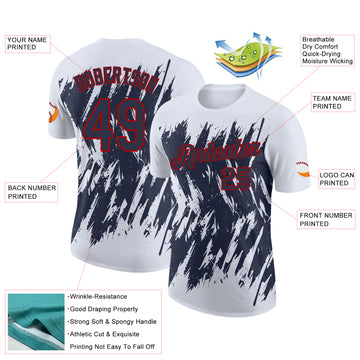 Custom White Navy-Red Torn Sharp Brush Stroke Splatter Performance T-Shirt
