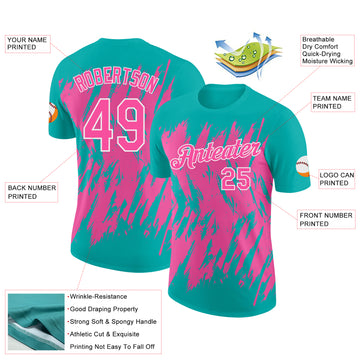 Custom Aqua Pink-White Torn Sharp Brush Stroke Splatter Performance T-Shirt