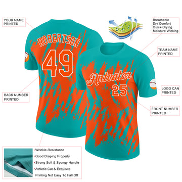 Custom Aqua Orange-White Torn Sharp Brush Stroke Splatter Performance T-Shirt