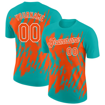 Custom Aqua Orange-White Torn Sharp Brush Stroke Splatter Performance T-Shirt