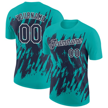 Custom Aqua Navy-White Torn Sharp Brush Stroke Splatter Performance T-Shirt