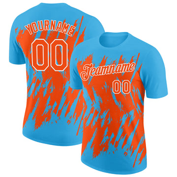 Custom Sky Blue Orange-White Torn Sharp Brush Stroke Splatter Performance T-Shirt