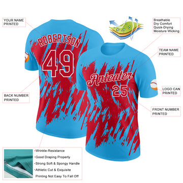 Custom Sky Blue Red-White Torn Sharp Brush Stroke Splatter Performance T-Shirt