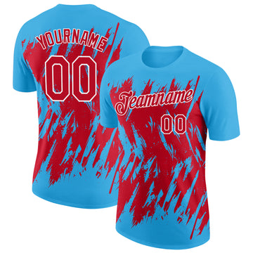 Custom Sky Blue Red-White Torn Sharp Brush Stroke Splatter Performance T-Shirt